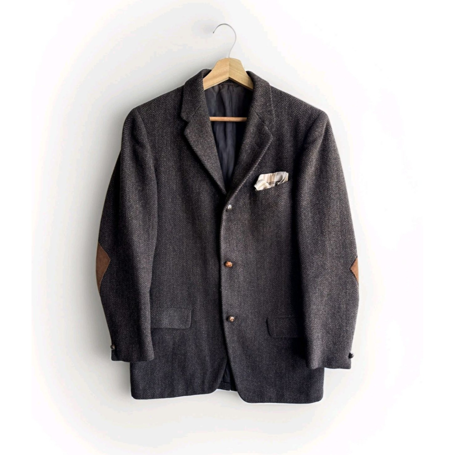 Vtg 90s Harris Tweed Herringbone Sports Coat Wool Blazer Suede Elbow Patch 40